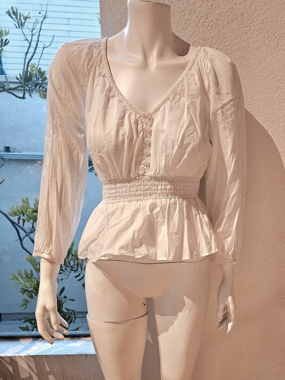 J Crew Smocked Waist V-Neck Peasant Blouse . NEW